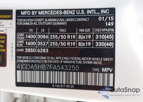 2015 Mercedes-Benz Ml 350 4Matic из США, поврежденный, VIN 4JGDA5HB7FA543250